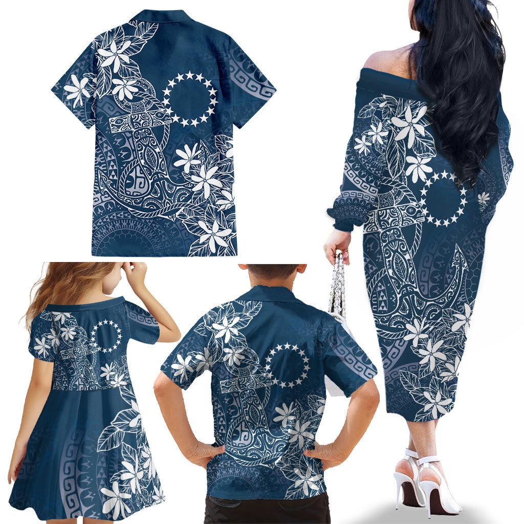 Navy Kuki Airani Tapakau Family Matching Off The Shoulder Long Sleeve Dress and Hawaiian Shirt Tribal Anchor Mix Tiare