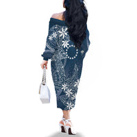 Navy Kuki Airani Tapakau Family Matching Off The Shoulder Long Sleeve Dress and Hawaiian Shirt Tribal Anchor Mix Tiare