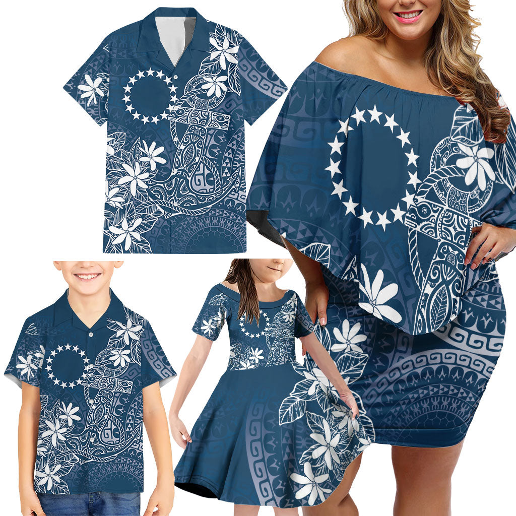 Navy Kuki Airani Tapakau Family Matching Off Shoulder Short Dress and Hawaiian Shirt Tribal Anchor Mix Tiare