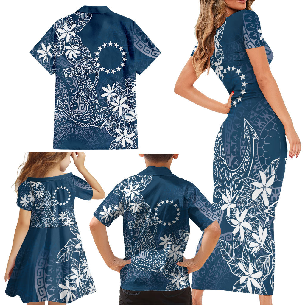 Navy Kuki Airani Tapakau Family Matching Short Sleeve Bodycon Dress and Hawaiian Shirt Tribal Anchor Mix Tiare