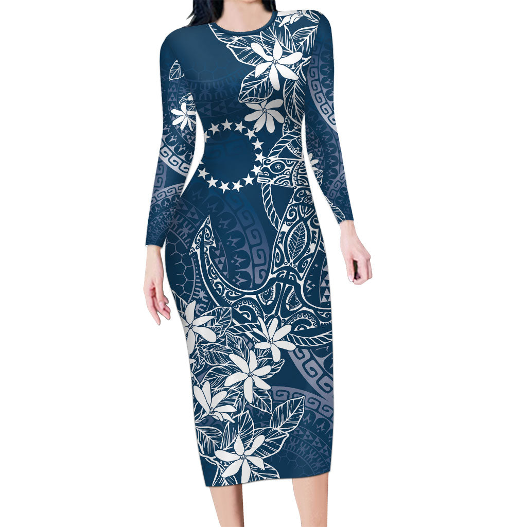 Navy Kuki Airani Tapakau Long Sleeve Bodycon Dress Tribal Anchor Mix Tiare