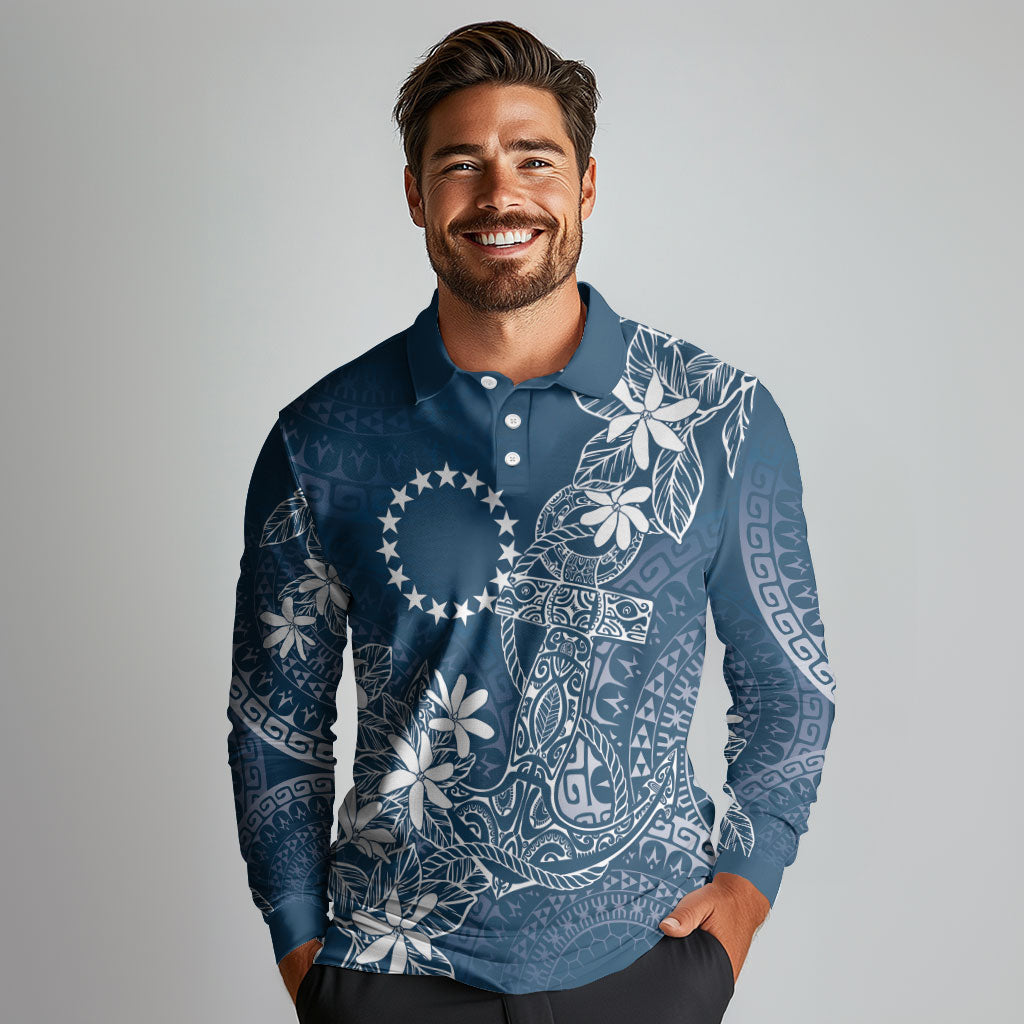 Navy Kuki Airani Tapakau Long Sleeve Polo Shirt Tribal Anchor Mix Tiare