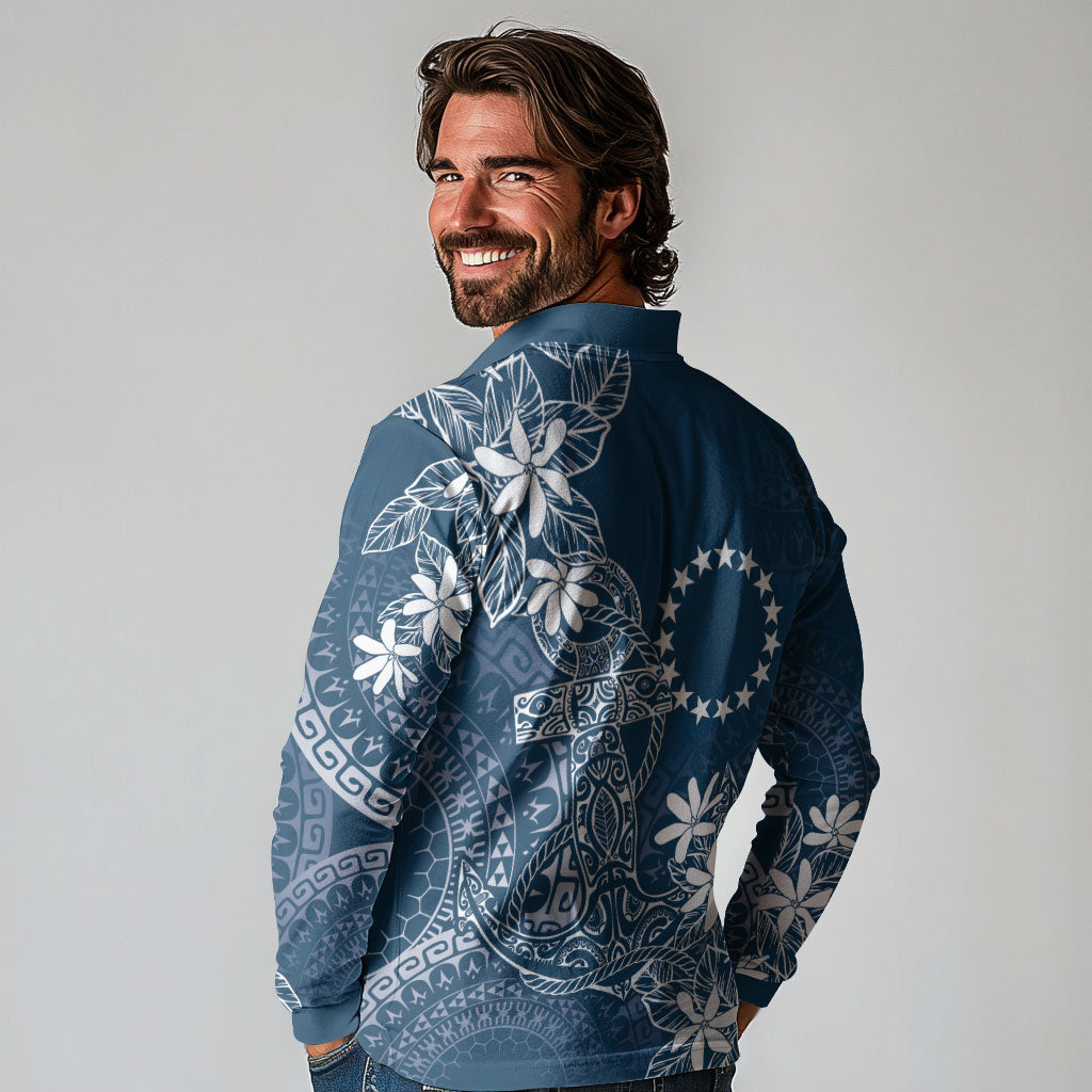 Navy Kuki Airani Tapakau Long Sleeve Polo Shirt Tribal Anchor Mix Tiare