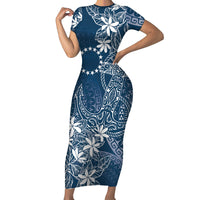 Navy Kuki Airani Tapakau Short Sleeve Bodycon Dress Tribal Anchor Mix Tiare