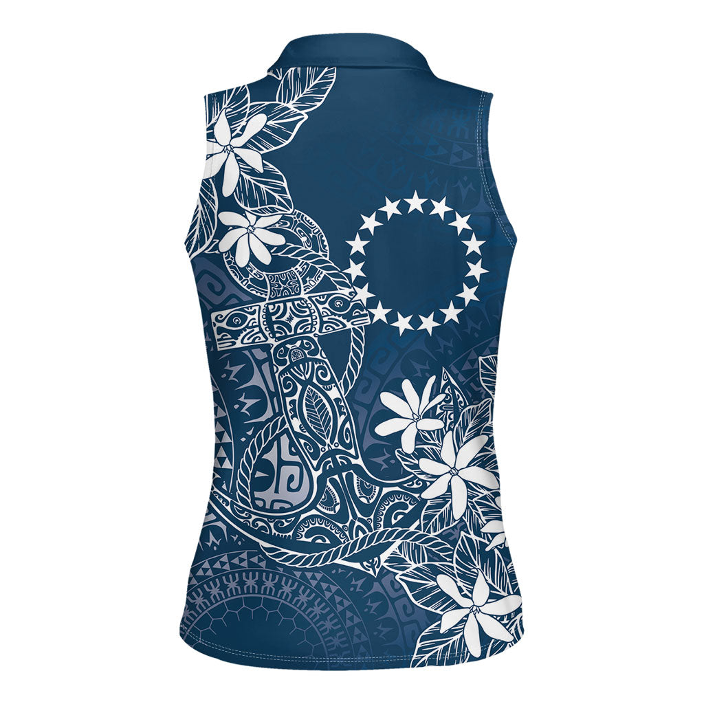 Navy Kuki Airani Tapakau Women Sleeveless Polo Shirt Tribal Anchor Mix Tiare