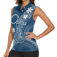 Navy Kuki Airani Tapakau Women Sleeveless Polo Shirt Tribal Anchor Mix Tiare