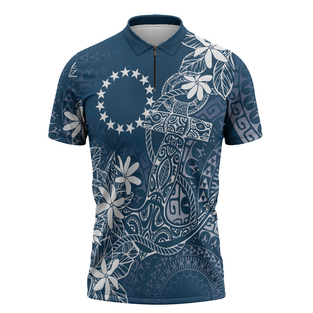 Navy Kuki Airani Tapakau Zipper Polo Shirt Tribal Anchor Mix Tiare