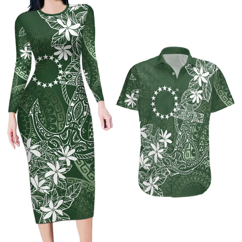 Sage Green Kuki Airani Tapakau Couples Matching Long Sleeve Bodycon Dress and Hawaiian Shirt Tribal Anchor Mix Tiare