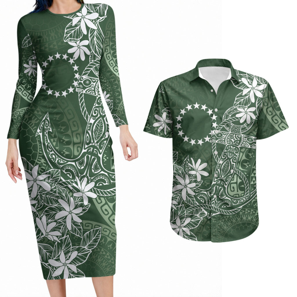 Sage Green Kuki Airani Tapakau Couples Matching Long Sleeve Bodycon Dress and Hawaiian Shirt Tribal Anchor Mix Tiare LT7 Sage Green - Polynesian Pride