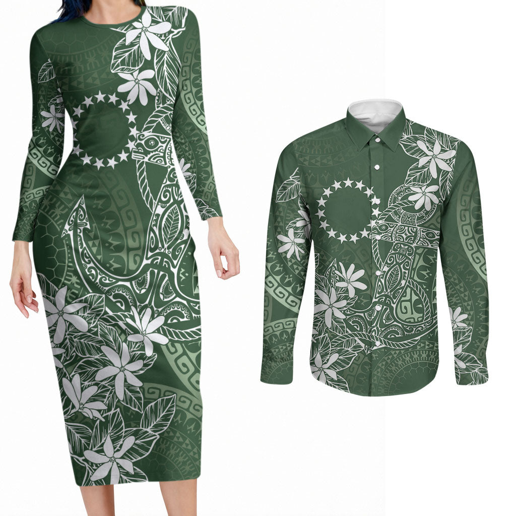 Sage Green Kuki Airani Tapakau Couples Matching Long Sleeve Bodycon Dress and Long Sleeve Button Shirt Tribal Anchor Mix Tiare LT7 Sage Green - Polynesian Pride