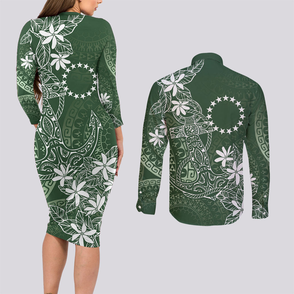Sage Green Kuki Airani Tapakau Couples Matching Long Sleeve Bodycon Dress and Long Sleeve Button Shirt Tribal Anchor Mix Tiare