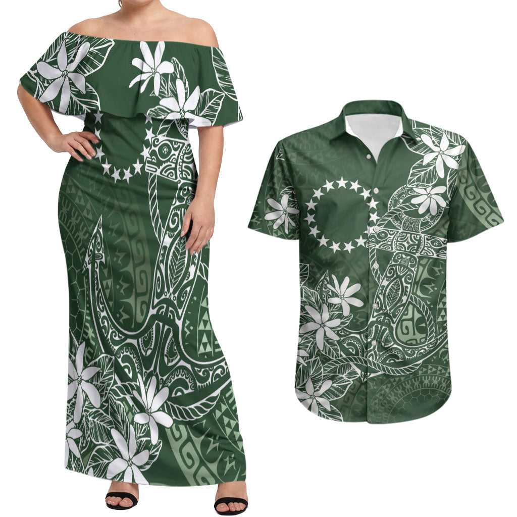 Sage Green Kuki Airani Tapakau Couples Matching Off Shoulder Maxi Dress and Hawaiian Shirt Tribal Anchor Mix Tiare LT7 Sage Green - Polynesian Pride