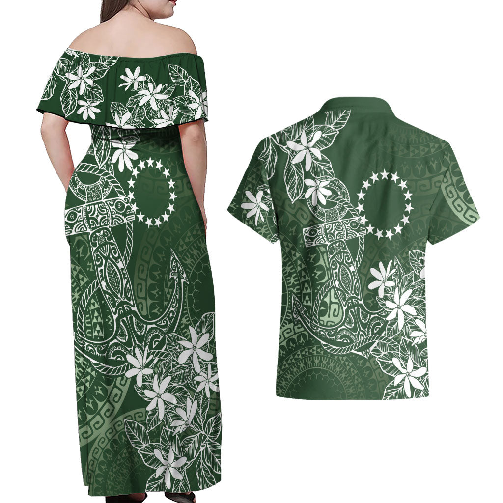 Sage Green Kuki Airani Tapakau Couples Matching Off Shoulder Maxi Dress and Hawaiian Shirt Tribal Anchor Mix Tiare