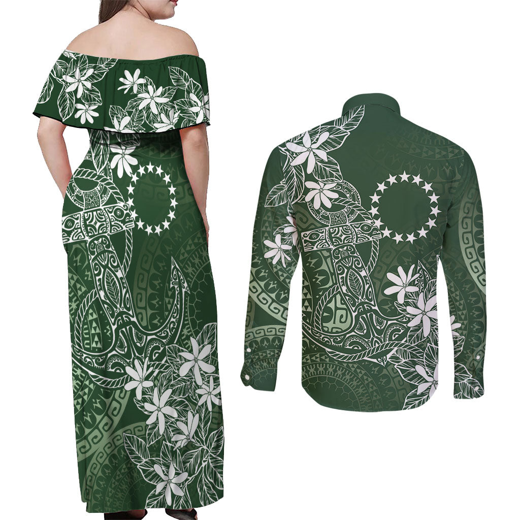 Sage Green Kuki Airani Tapakau Couples Matching Off Shoulder Maxi Dress and Long Sleeve Button Shirt Tribal Anchor Mix Tiare