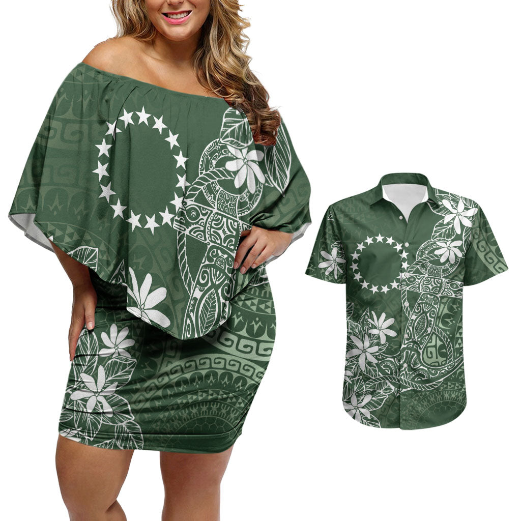Sage Green Kuki Airani Tapakau Couples Matching Off Shoulder Short Dress and Hawaiian Shirt Tribal Anchor Mix Tiare LT7 Sage Green - Polynesian Pride