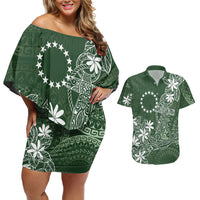 Sage Green Kuki Airani Tapakau Couples Matching Off Shoulder Short Dress and Hawaiian Shirt Tribal Anchor Mix Tiare