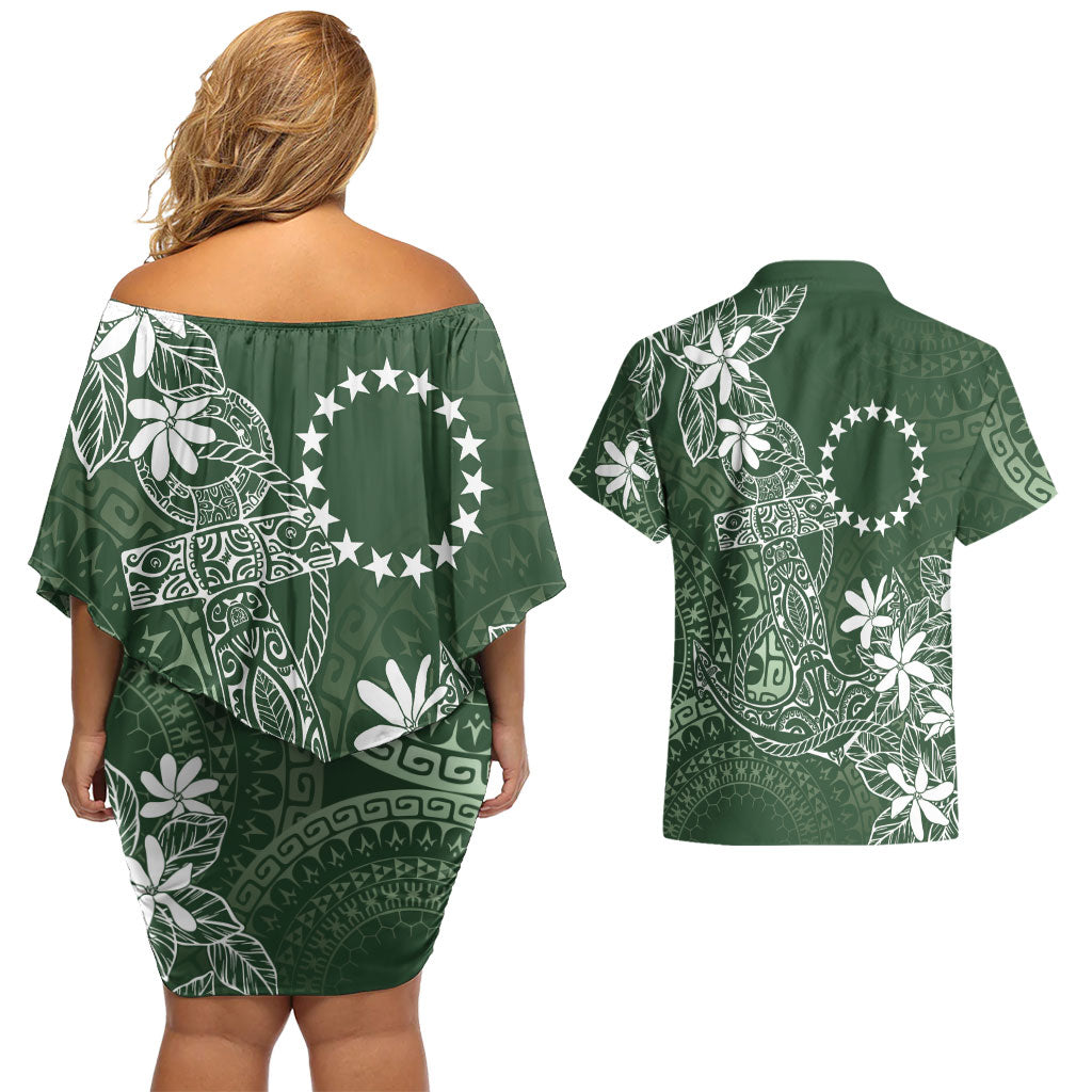 Sage Green Kuki Airani Tapakau Couples Matching Off Shoulder Short Dress and Hawaiian Shirt Tribal Anchor Mix Tiare