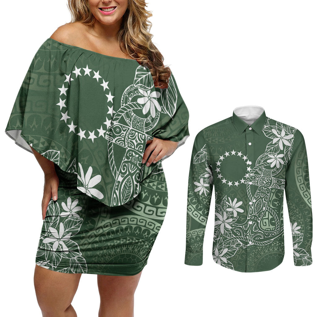 Sage Green Kuki Airani Tapakau Couples Matching Off Shoulder Short Dress and Long Sleeve Button Shirt Tribal Anchor Mix Tiare LT7 Sage Green - Polynesian Pride