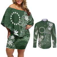 Sage Green Kuki Airani Tapakau Couples Matching Off Shoulder Short Dress and Long Sleeve Button Shirt Tribal Anchor Mix Tiare