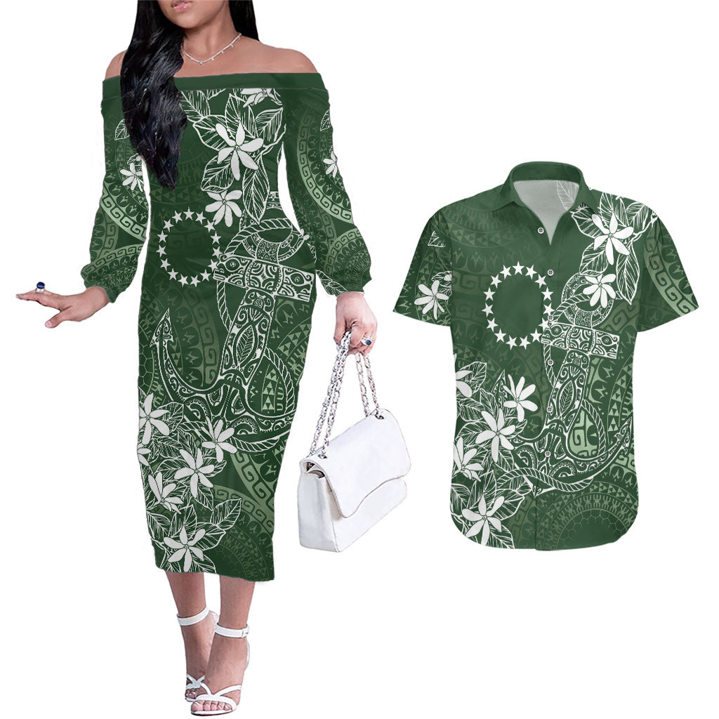 Sage Green Kuki Airani Tapakau Couples Matching Off The Shoulder Long Sleeve Dress and Hawaiian Shirt Tribal Anchor Mix Tiare