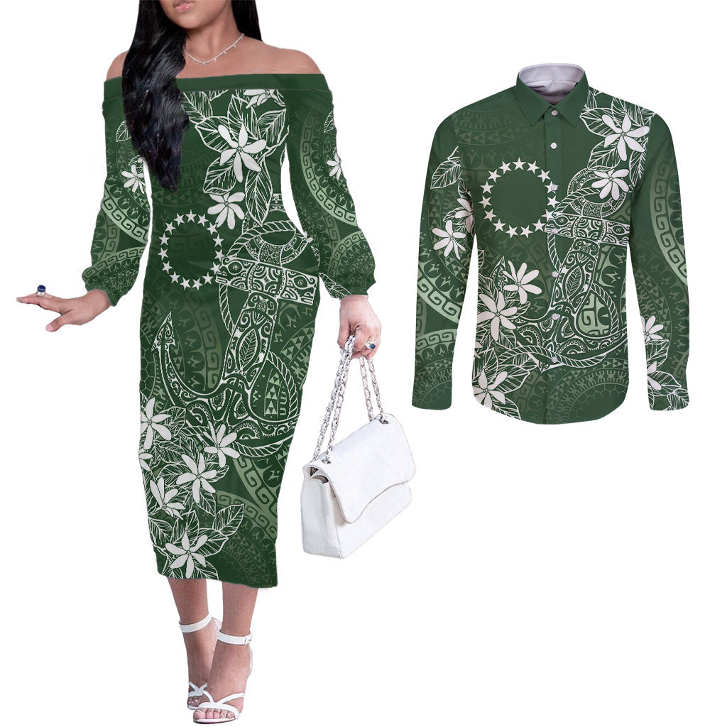 Sage Green Kuki Airani Tapakau Couples Matching Off The Shoulder Long Sleeve Dress and Long Sleeve Button Shirt Tribal Anchor Mix Tiare