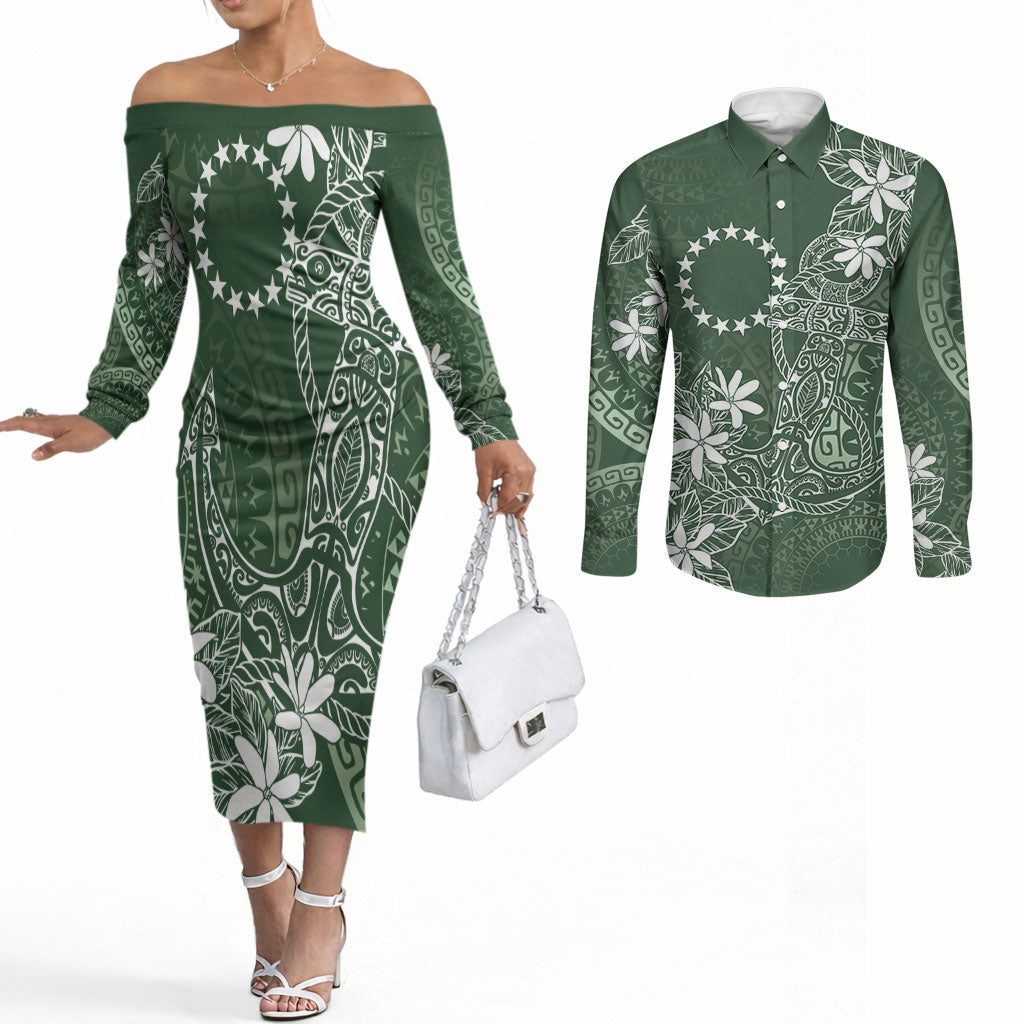 Sage Green Kuki Airani Tapakau Couples Matching Off The Shoulder Long Sleeve Dress and Long Sleeve Button Shirt Tribal Anchor Mix Tiare LT7 Sage Green - Polynesian Pride