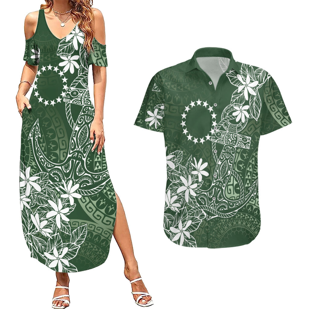 Sage Green Kuki Airani Tapakau Couples Matching Summer Maxi Dress and Hawaiian Shirt Tribal Anchor Mix Tiare