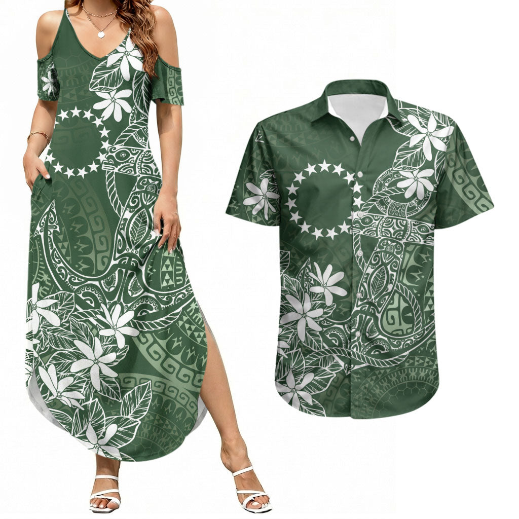 Sage Green Kuki Airani Tapakau Couples Matching Summer Maxi Dress and Hawaiian Shirt Tribal Anchor Mix Tiare LT7 Sage Green - Polynesian Pride