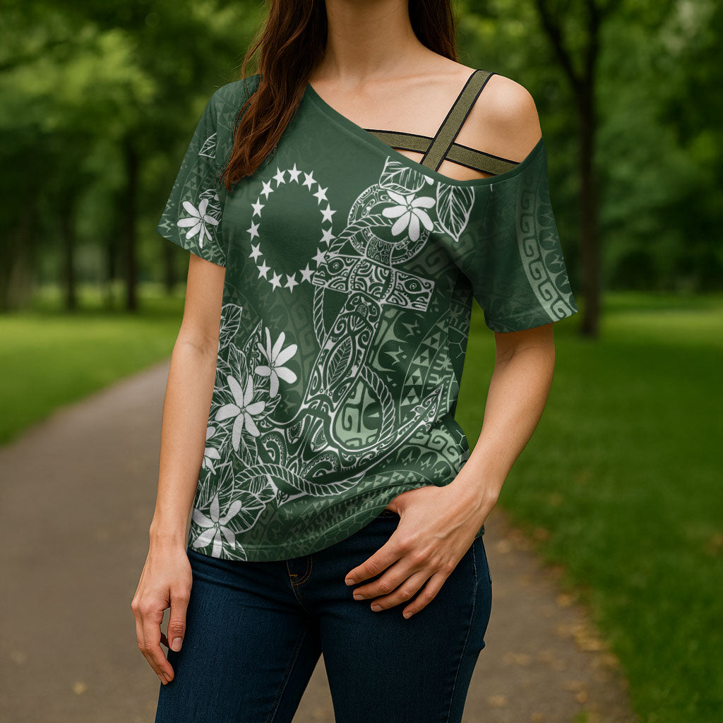 Sage Green Kuki Airani Tapakau Cross Shoulder Shirt Tribal Anchor Mix Tiare