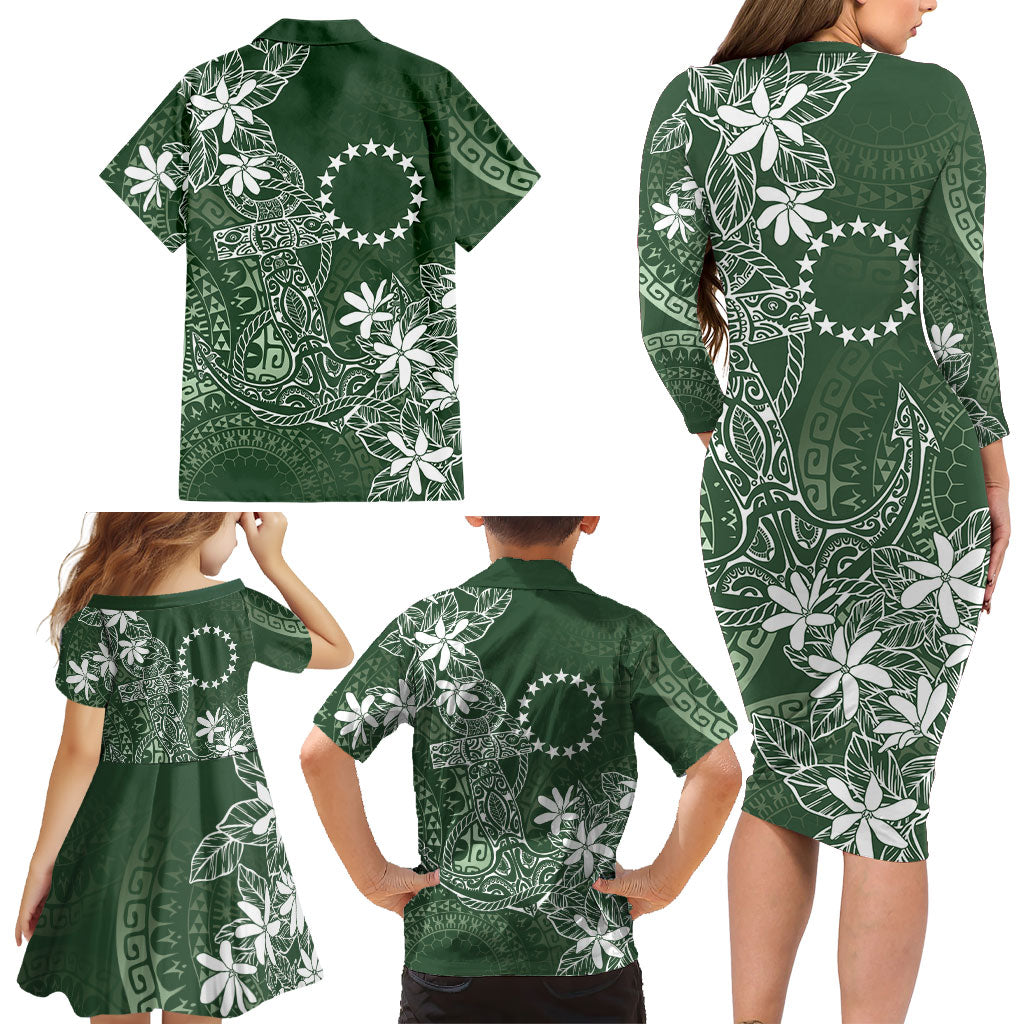 Sage Green Kuki Airani Tapakau Family Matching Long Sleeve Bodycon Dress and Hawaiian Shirt Tribal Anchor Mix Tiare