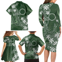 Sage Green Kuki Airani Tapakau Family Matching Long Sleeve Bodycon Dress and Hawaiian Shirt Tribal Anchor Mix Tiare