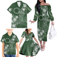 Sage Green Kuki Airani Tapakau Family Matching Off The Shoulder Long Sleeve Dress and Hawaiian Shirt Tribal Anchor Mix Tiare