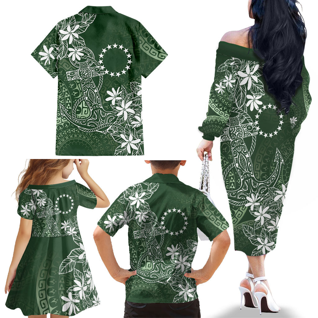 Sage Green Kuki Airani Tapakau Family Matching Off The Shoulder Long Sleeve Dress and Hawaiian Shirt Tribal Anchor Mix Tiare