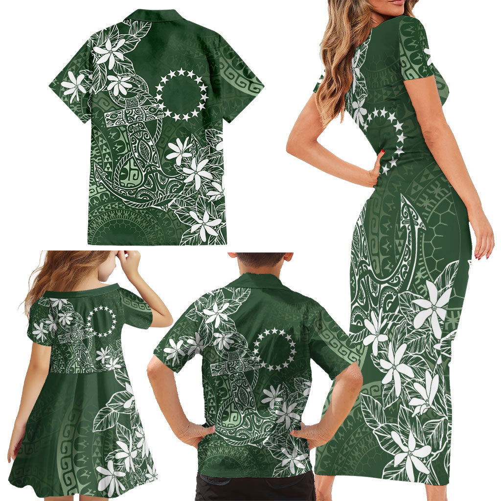 Sage Green Kuki Airani Tapakau Family Matching Short Sleeve Bodycon Dress and Hawaiian Shirt Tribal Anchor Mix Tiare