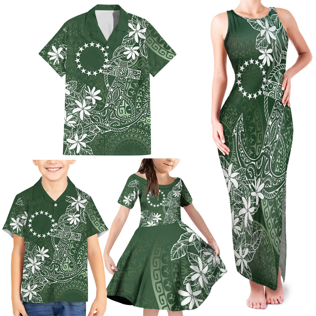 Sage Green Kuki Airani Tapakau Family Matching Tank Maxi Dress and Hawaiian Shirt Tribal Anchor Mix Tiare