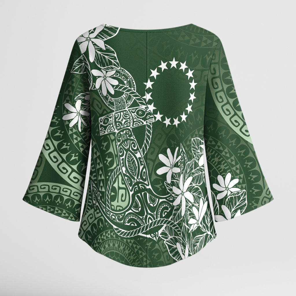 Sage Green Kuki Airani Tapakau Kimono Sleeve Blouse Tribal Anchor Mix Tiare