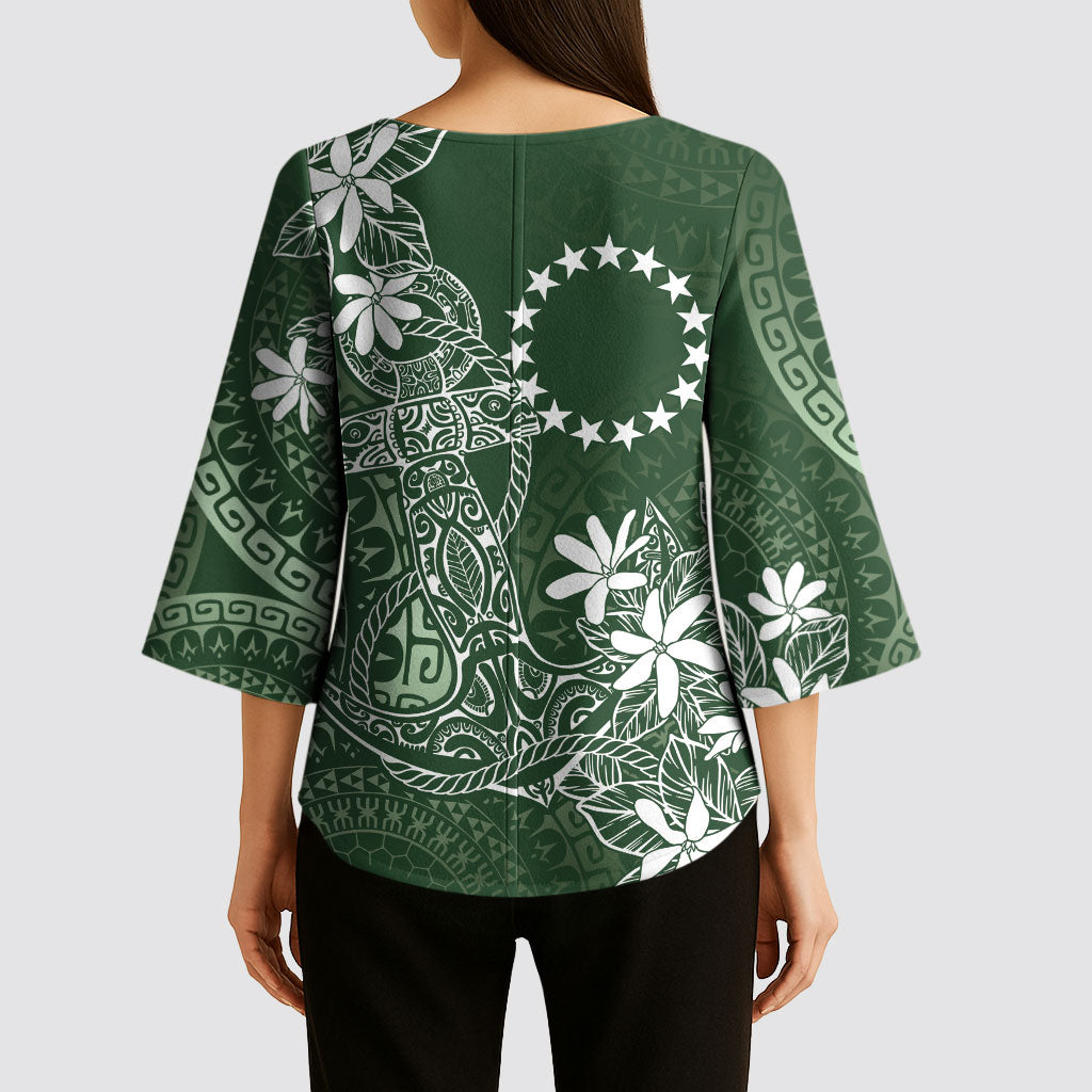 Sage Green Kuki Airani Tapakau Kimono Sleeve Blouse Tribal Anchor Mix Tiare