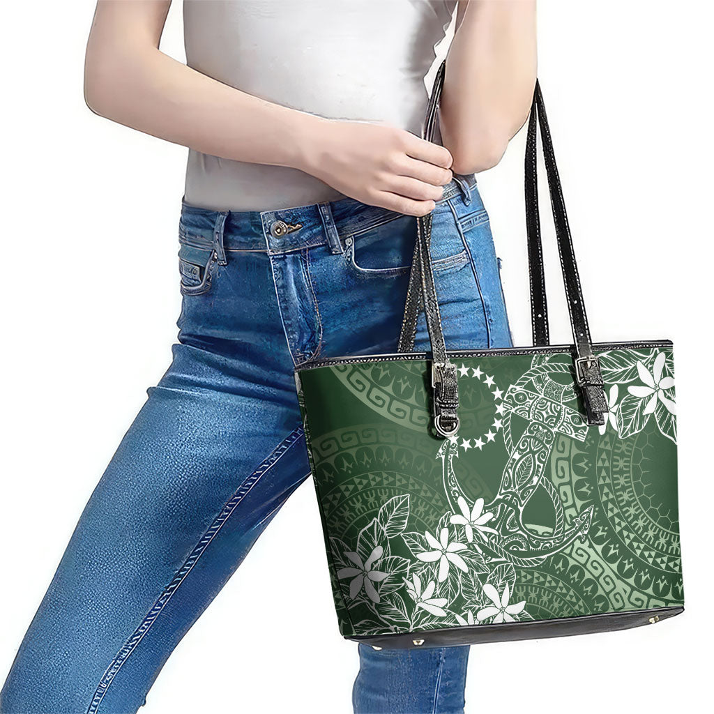 Sage Green Kuki Airani Tapakau Leather Tote Bag Tribal Anchor Mix Tiare