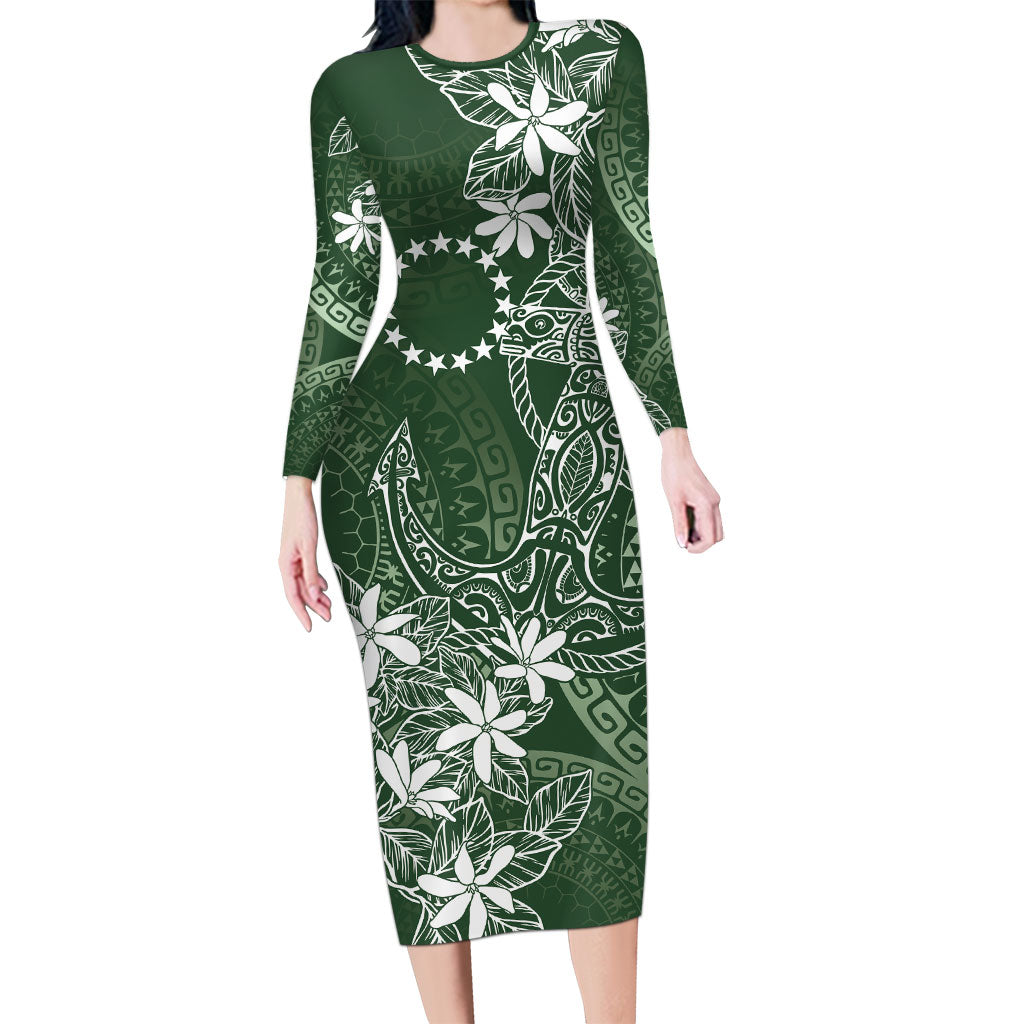 Sage Green Kuki Airani Tapakau Long Sleeve Bodycon Dress Tribal Anchor Mix Tiare