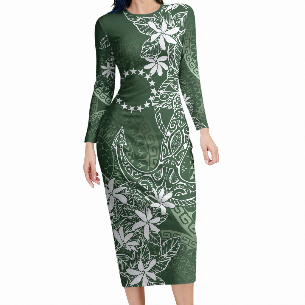 Sage Green Kuki Airani Tapakau Long Sleeve Bodycon Dress Tribal Anchor Mix Tiare LT7 Long Dress Sage Green - Polynesian Pride