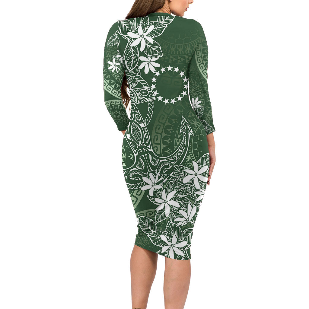 Sage Green Kuki Airani Tapakau Long Sleeve Bodycon Dress Tribal Anchor Mix Tiare
