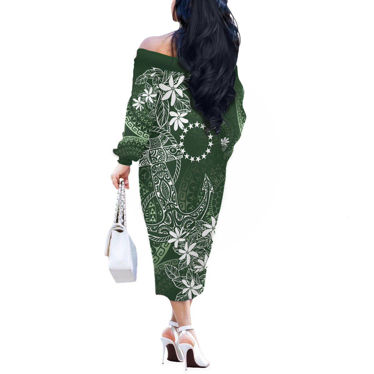 Sage Green Kuki Airani Tapakau Off The Shoulder Long Sleeve Dress Tribal Anchor Mix Tiare