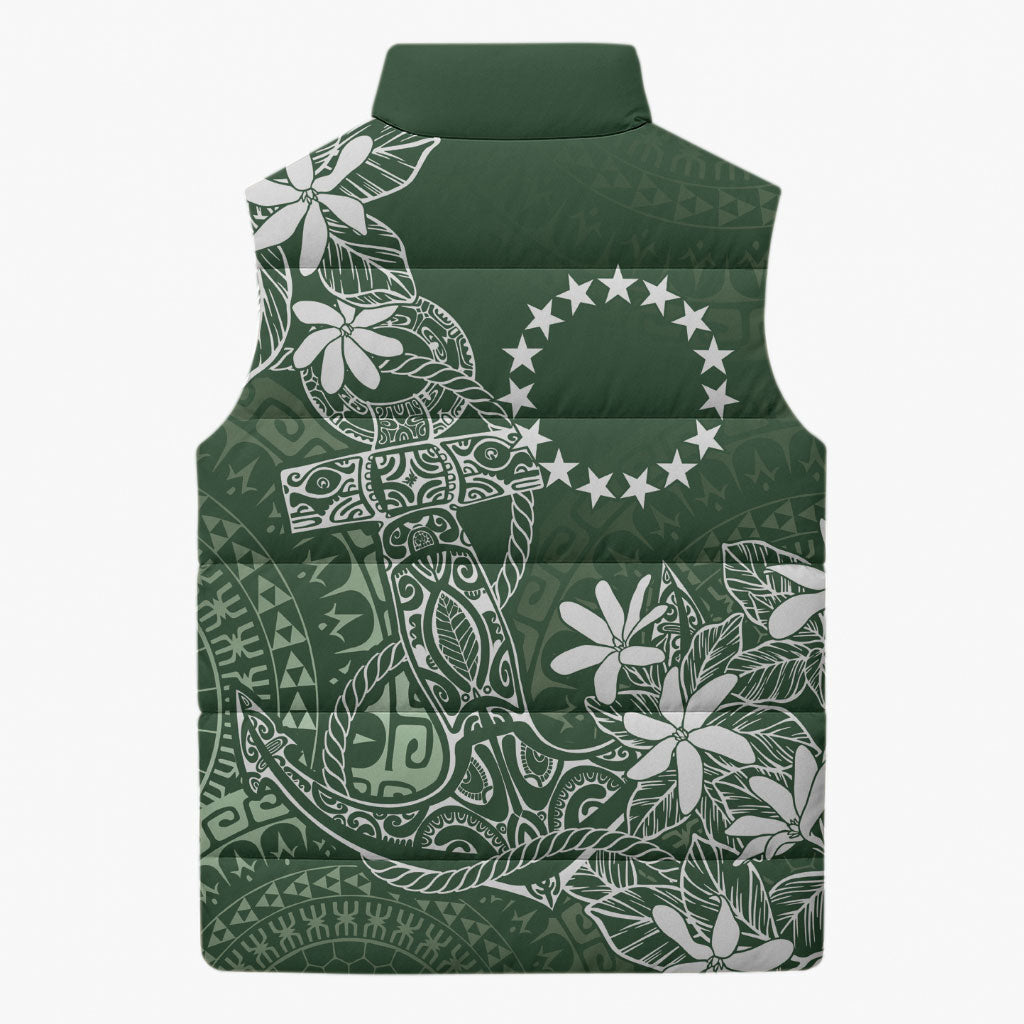 Sage Green Kuki Airani Tapakau Sleeveless Puffer Jacket Tribal Anchor Mix Tiare