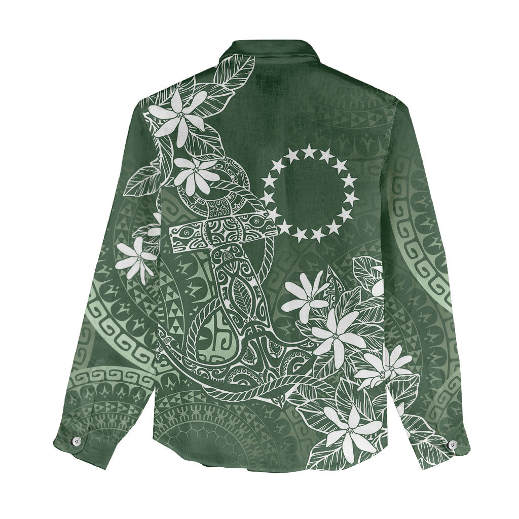 Sage Green Kuki Airani Tapakau Women Casual Shirt Tribal Anchor Mix Tiare