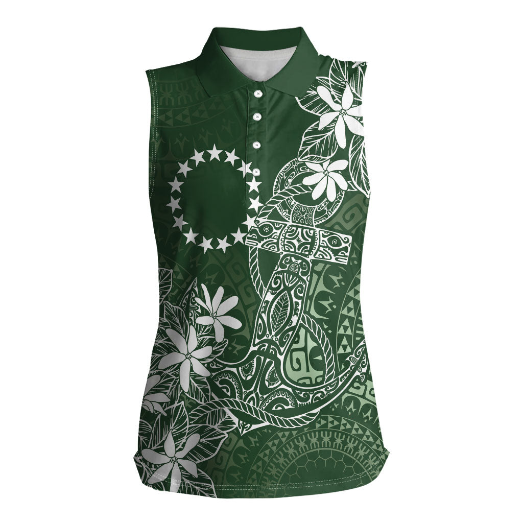 Sage Green Kuki Airani Tapakau Women Sleeveless Polo Shirt Tribal Anchor Mix Tiare