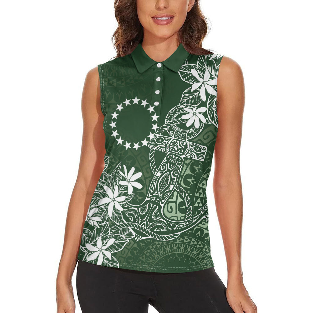 Sage Green Kuki Airani Tapakau Women Sleeveless Polo Shirt Tribal Anchor Mix Tiare