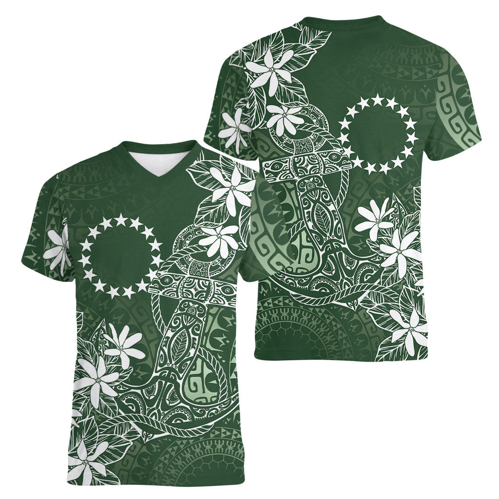 Sage Green Kuki Airani Tapakau Women V-Neck T-Shirt Tribal Anchor Mix Tiare