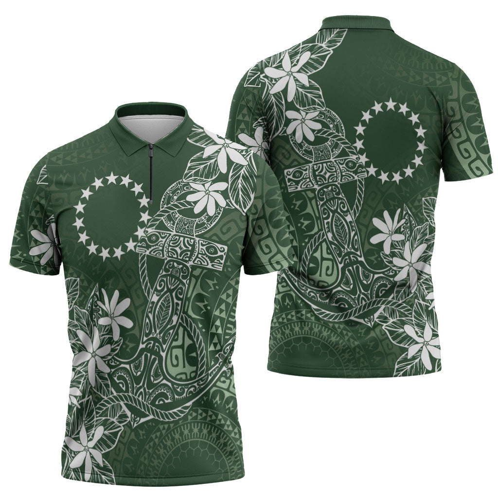 Sage Green Kuki Airani Tapakau Zipper Polo Shirt Tribal Anchor Mix Tiare