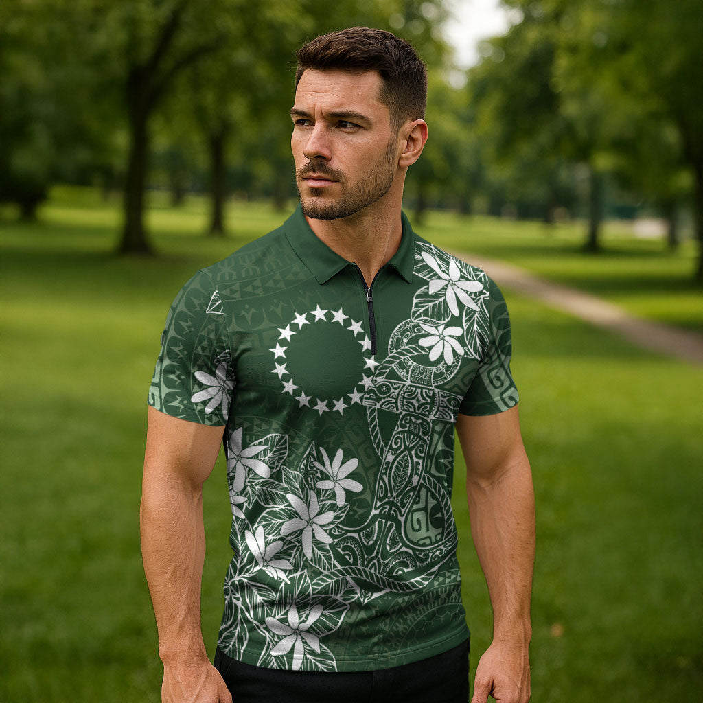 Sage Green Kuki Airani Tapakau Zipper Polo Shirt Tribal Anchor Mix Tiare