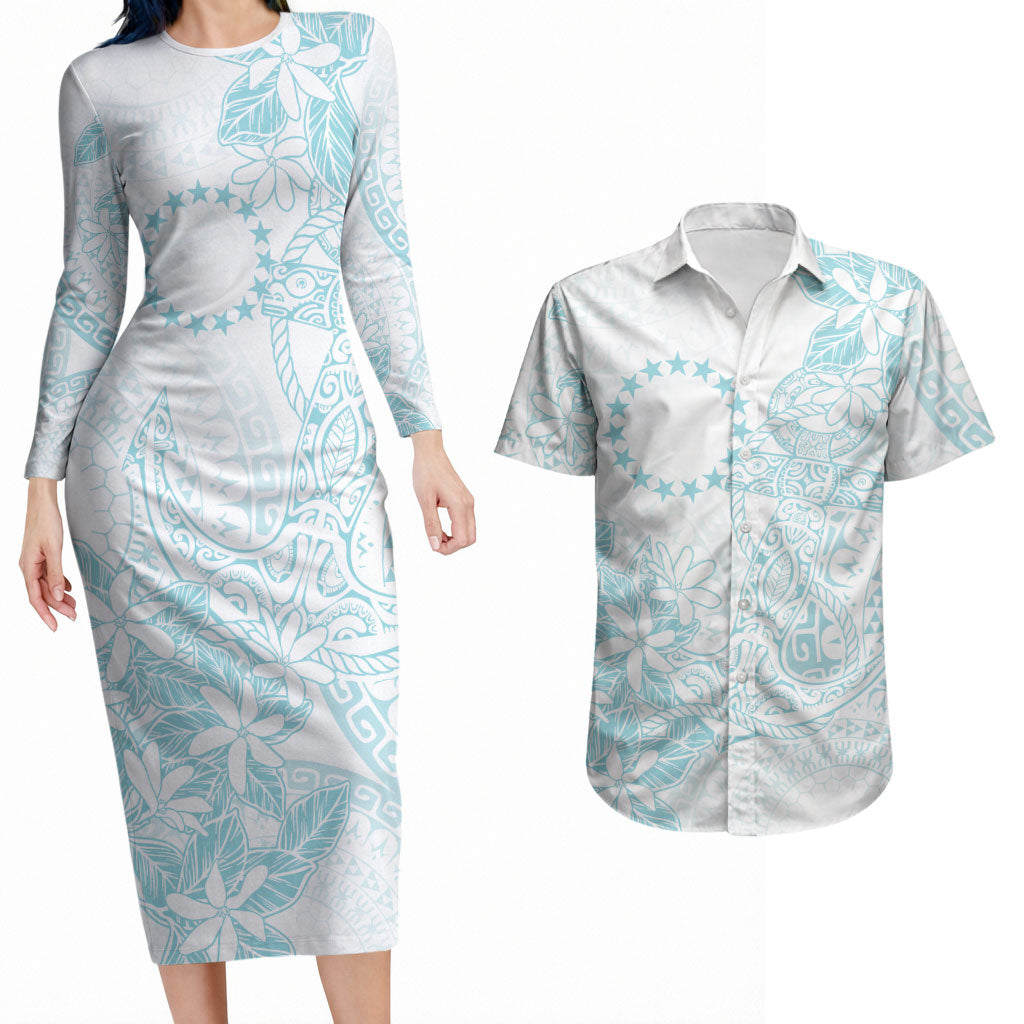 Turquoise Kuki Airani Tapakau Couples Matching Long Sleeve Bodycon Dress and Hawaiian Shirt Tribal Anchor Mix Tiare LT7 Turquoise - Polynesian Pride